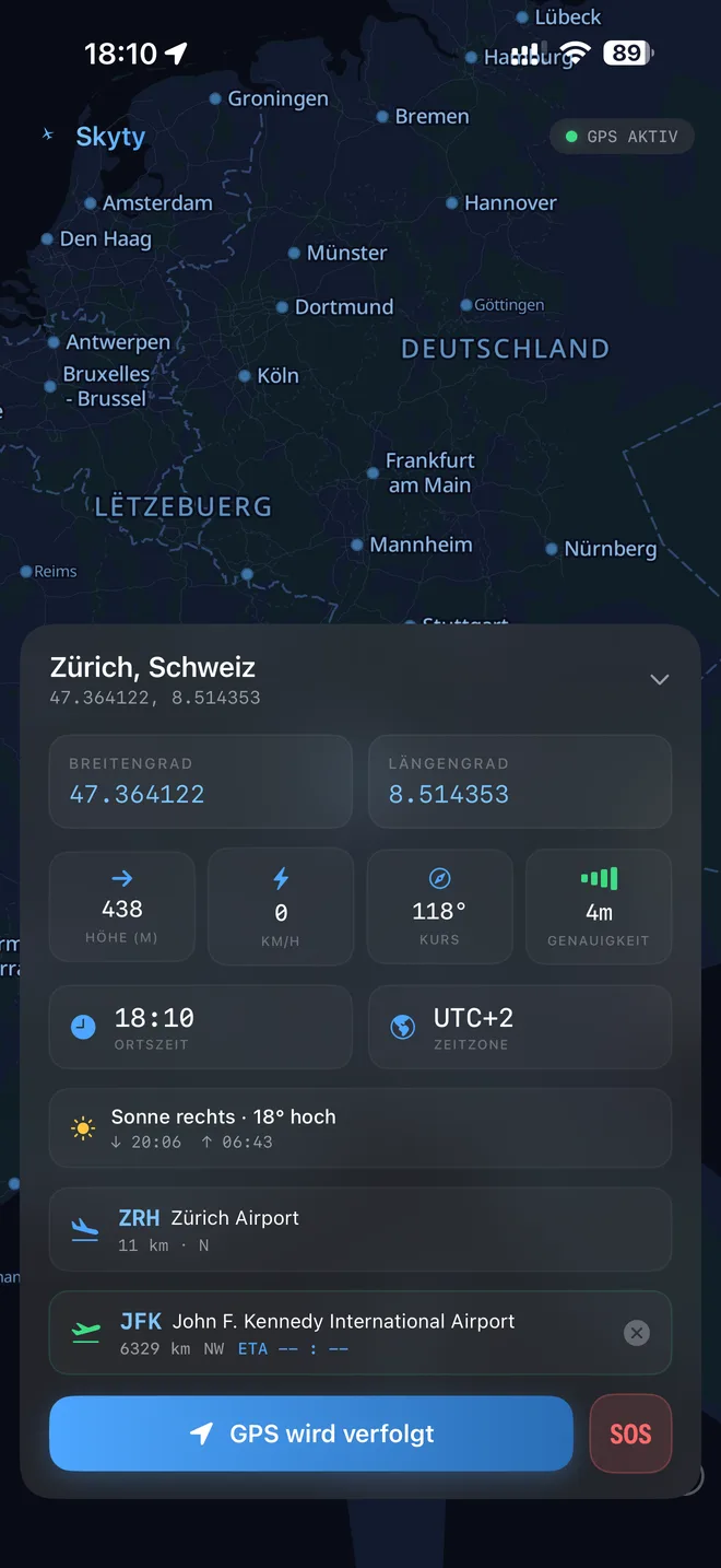 Skyty Dashboard — Position, Höhe, Geschwindigkeit, nächster Flughafen